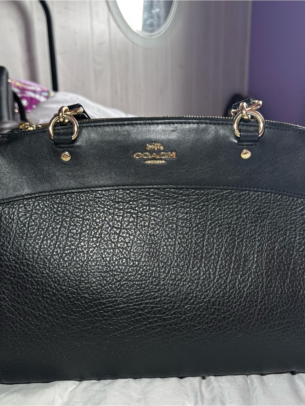 Coach Brooke Carryall Black Pebbled Leather Satchel with Gold Hardware Accents